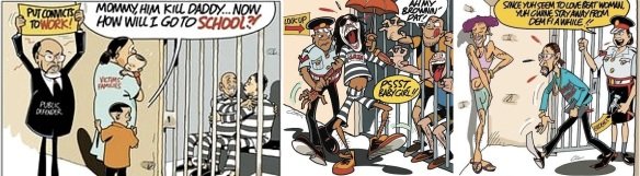 (L) A child sees his father's killer embracing another man in a prison cell, while an official says 