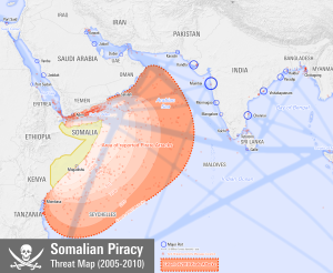Map of Somali piracy, 2005-2010, showing major trade routes, Somalia (Somaliland is roughly the northwest panhandle of the country), and Seychelles
