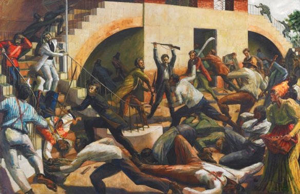 Storming of the courthouse during the Morant Bay Rebellion, by Barrington Watson (1931 -). British authorities slaughtered rebels protesting the use of criminal law to preserve the structures of slavery three decades after its ostensible end. Jamaica celebrated the 150th anniversary of the Rebellion last month.