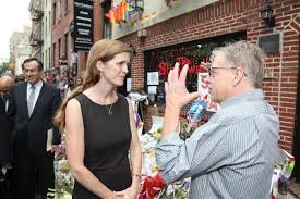 Gay Power II: UN Ambassador Samantha Power discusses LGBT rights with a man and his demonically possessed left arm outside the Stonewall Inn, New York, 2016. Photo: US Department of State